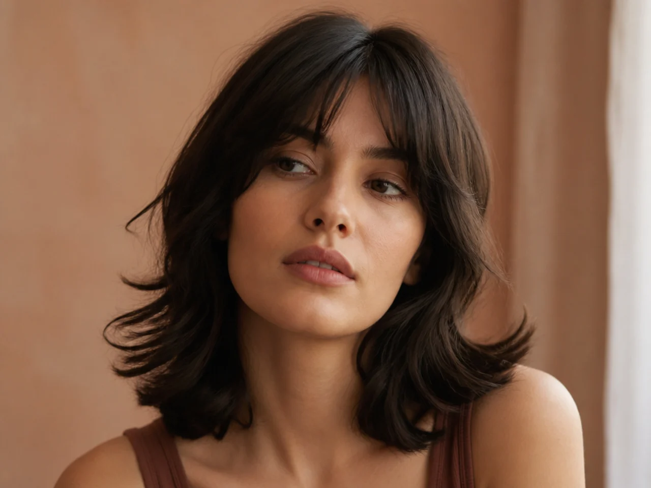 A shoulder length shag with the ends kicking outward where they meet the shoulders