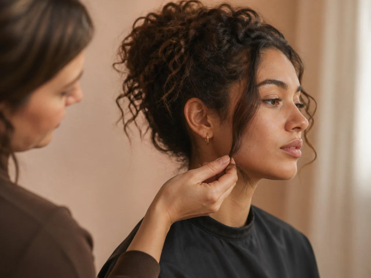 A stylist holding a face framing section against the cheekbone before cutting