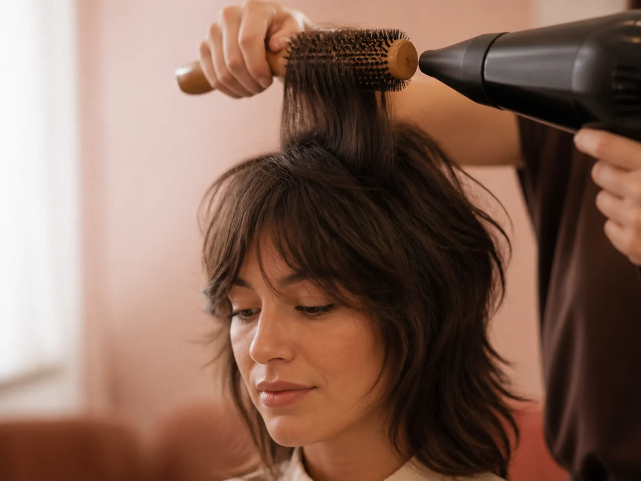 A round brush drying the crown of a shag upward at the roots