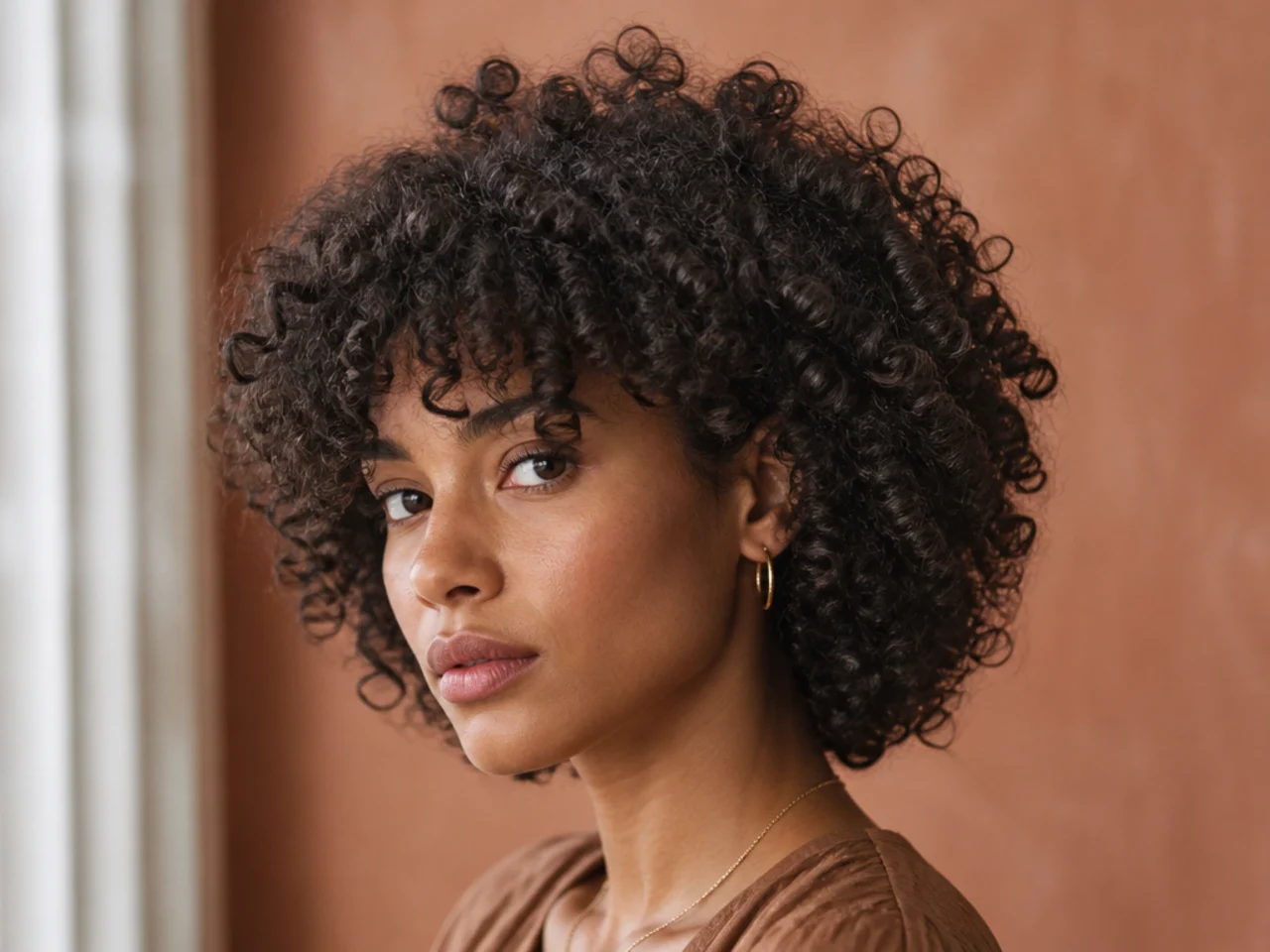 A coily shag shaped into a rounded silhouette with defined crown layers