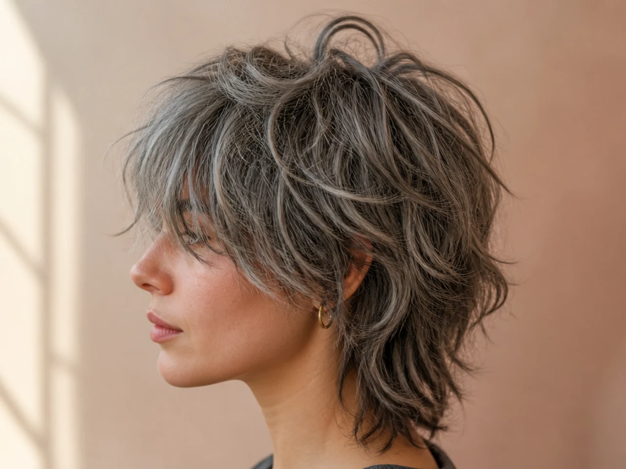 A grey shag with coarse springy strands lifting through the crown layers