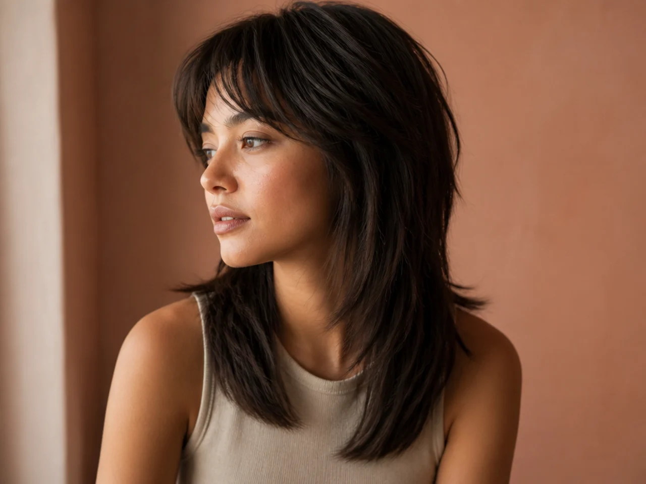 A fine haired shag with short crown layers and a solid untouched bottom edge