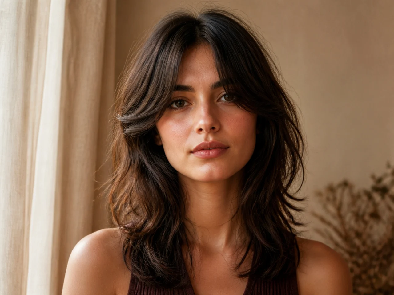 A shag with curtain bangs splitting at the centre and sweeping to the cheekbones