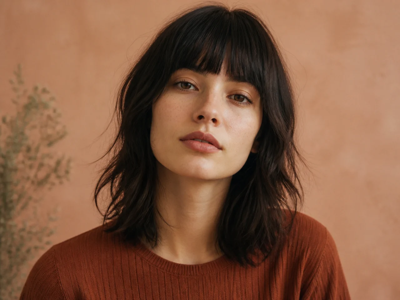 A shag with a solid blunt fringe cut level with the eyebrows