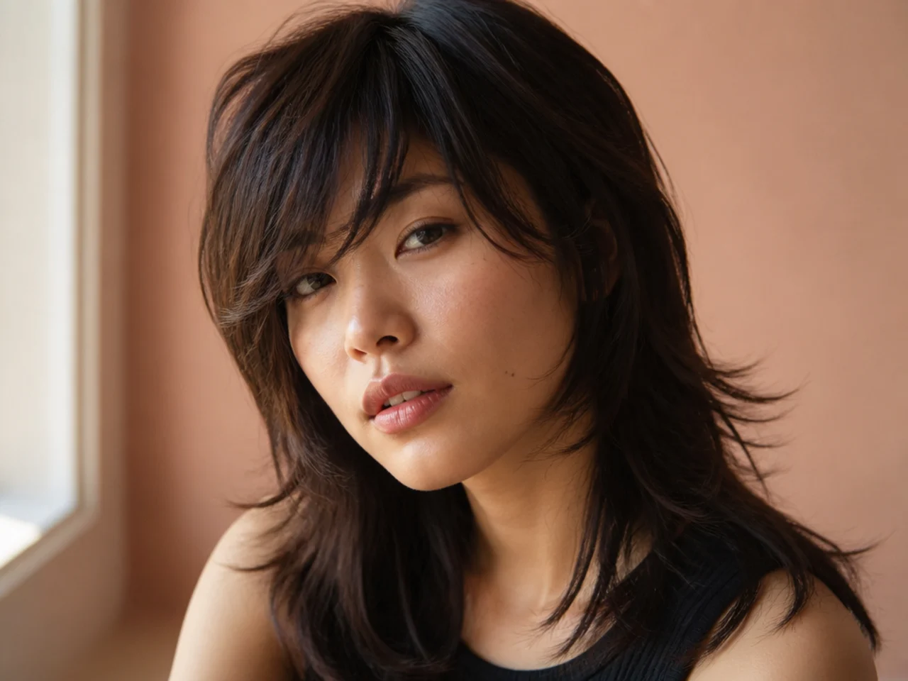 A shag with a fringe sweeping diagonally across the forehead