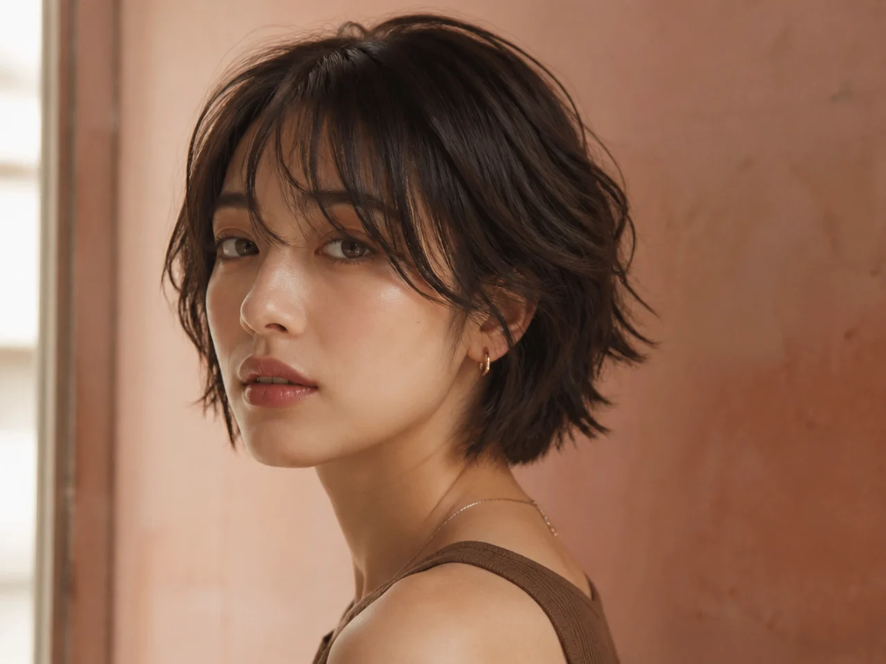 A jaw length shag bob with layered crown and textured ends