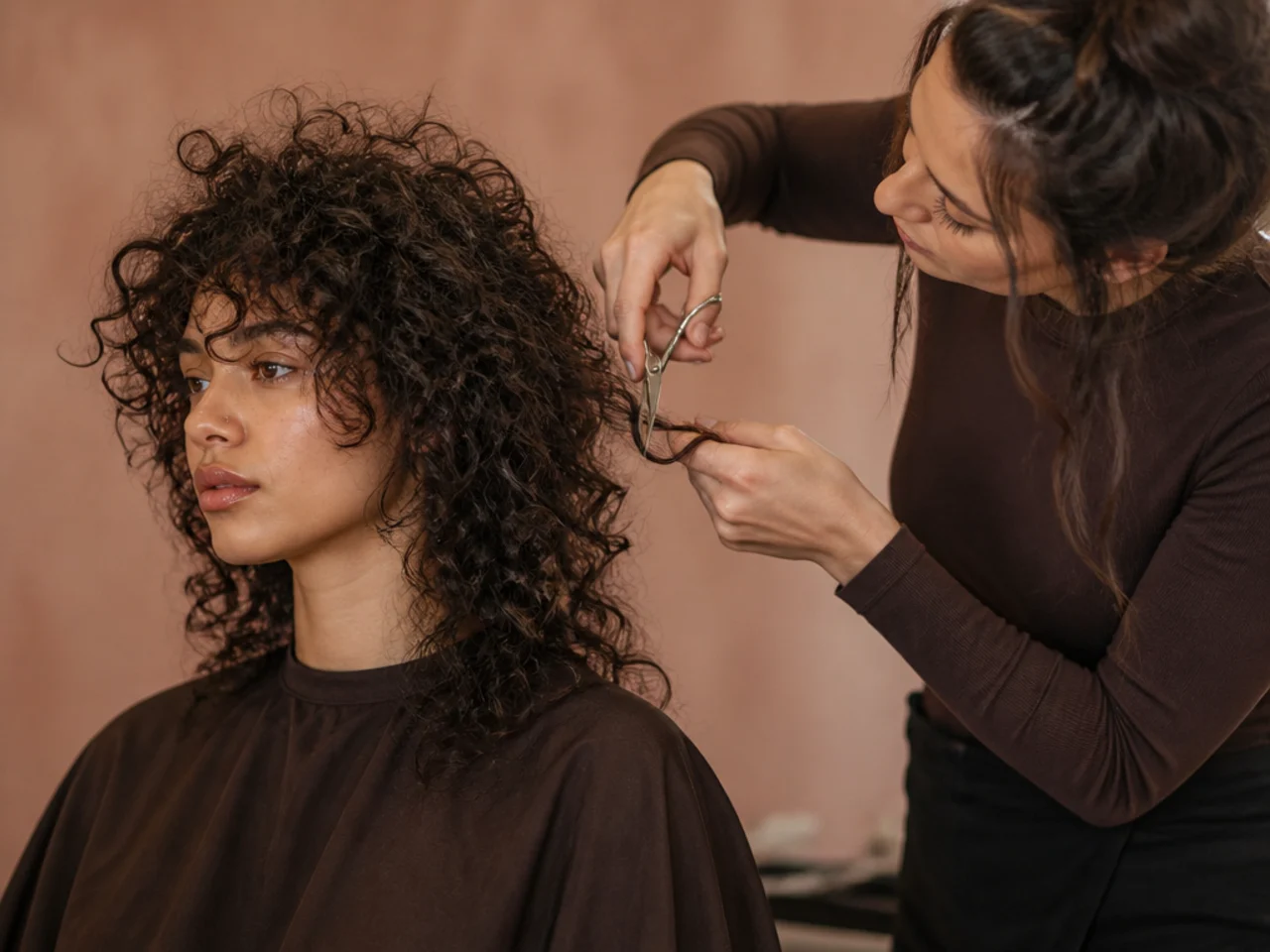 A stylist cutting individual dry curls to place a layer on a shag