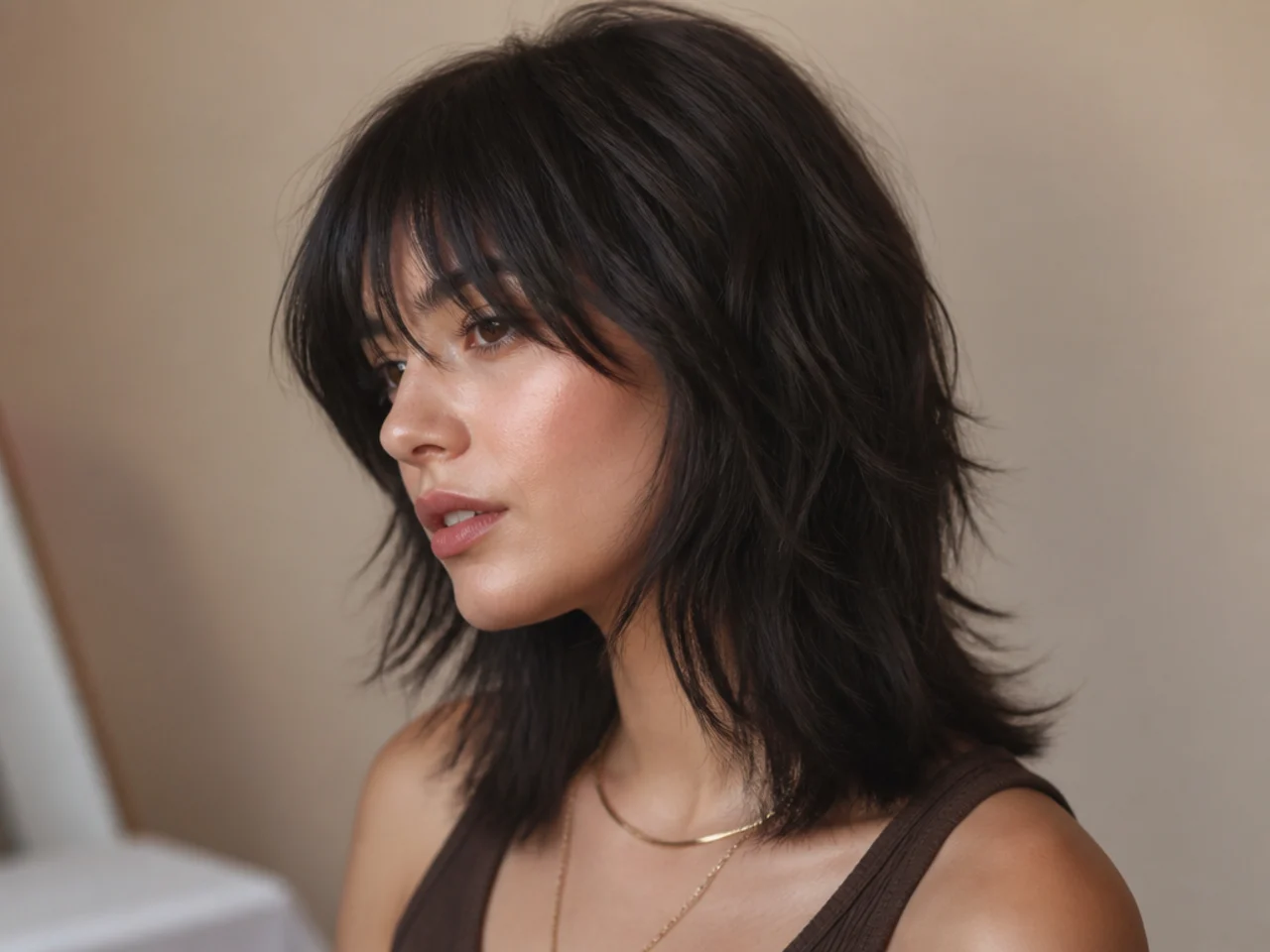 A shag with layered crown and a solid blunt bottom edge