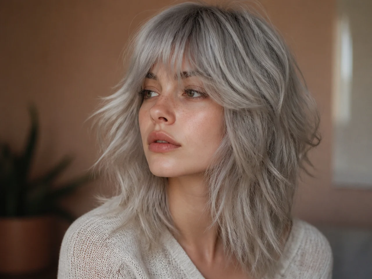 A silver toned grey shag with cool bright layers