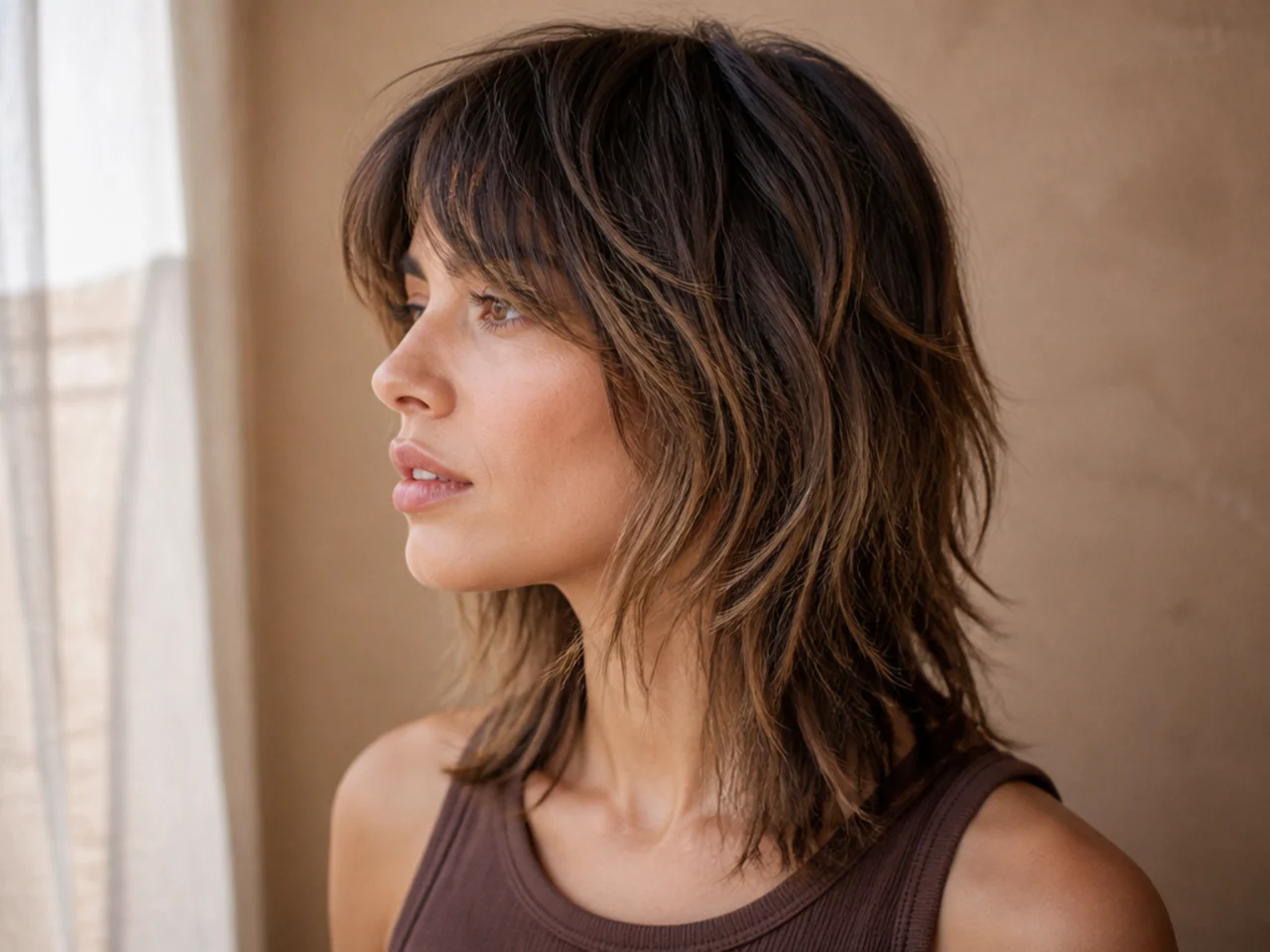 A shag with darker roots blending softly into lighter mid lengths