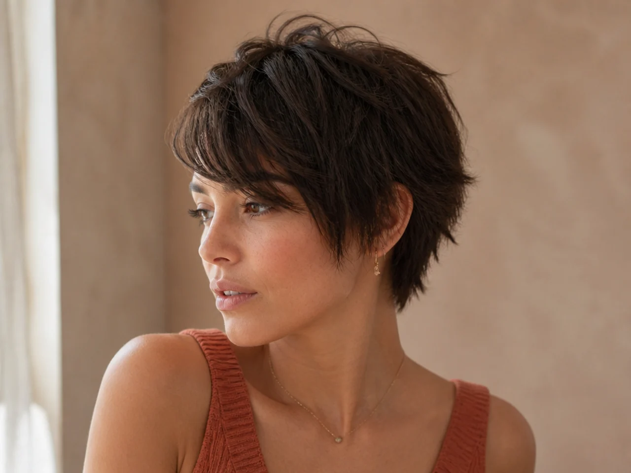 A short pixie shag with textured crown layers and a longer front piece
