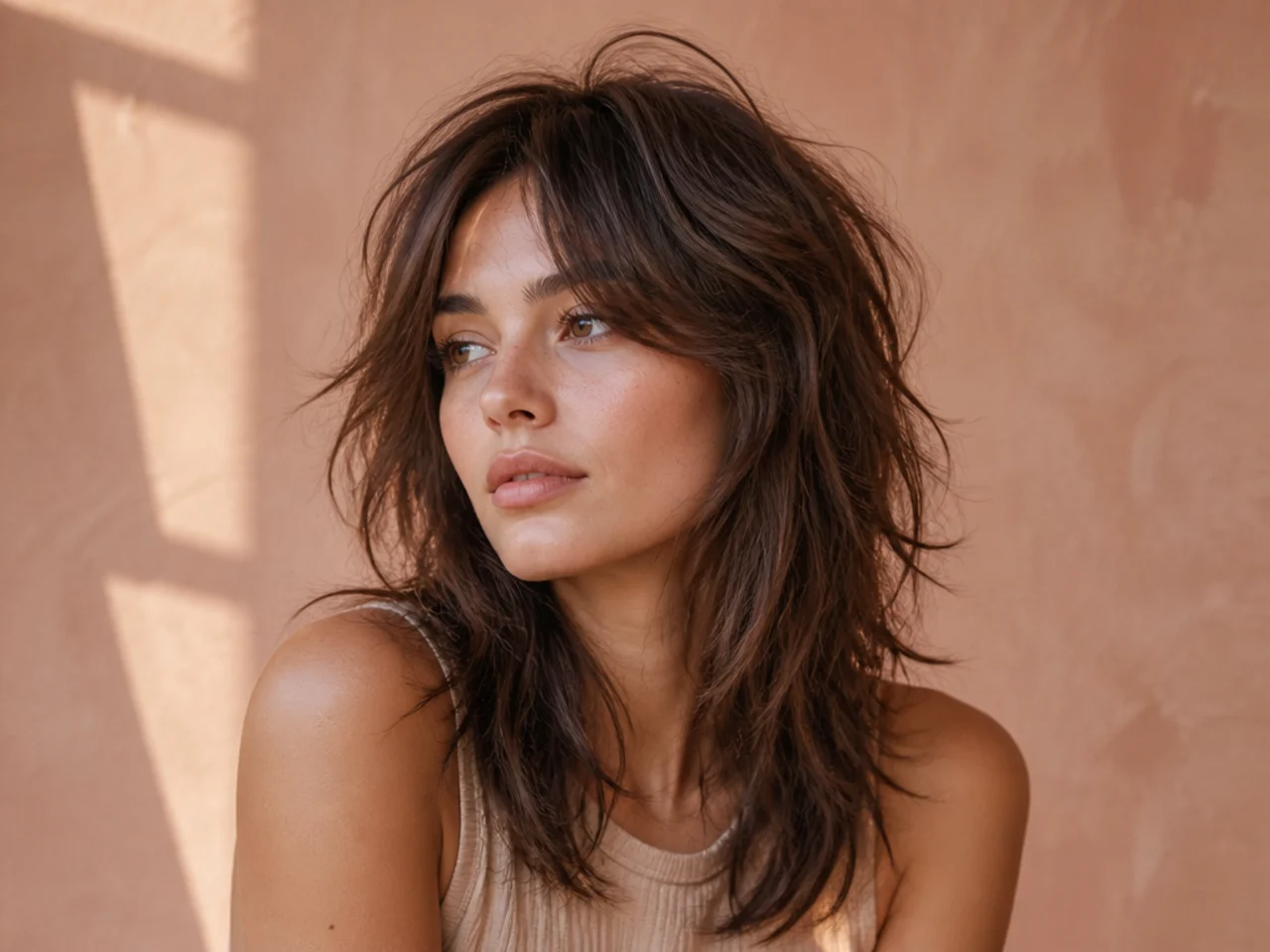 A heavily layered shag with piecey separated ends and high crown volume