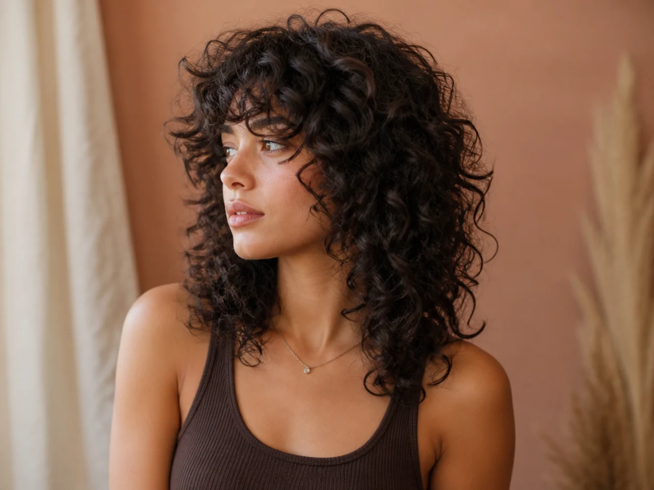 A curly shag with a rounded lifted crown and defined spirals through the lengths