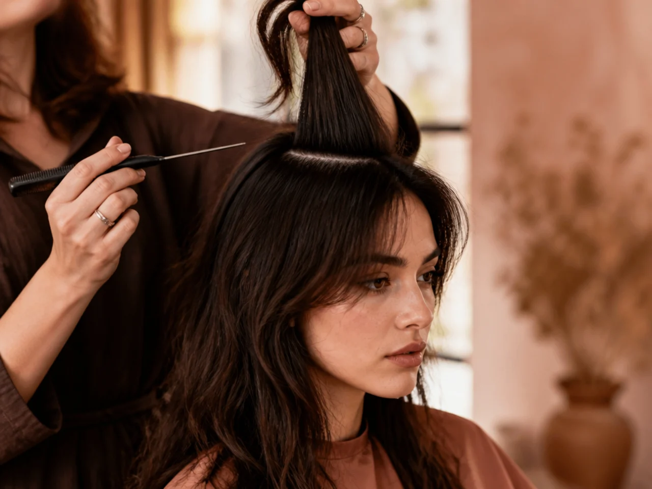 A stylist sectioning dry hair at the crown to plan shag layers