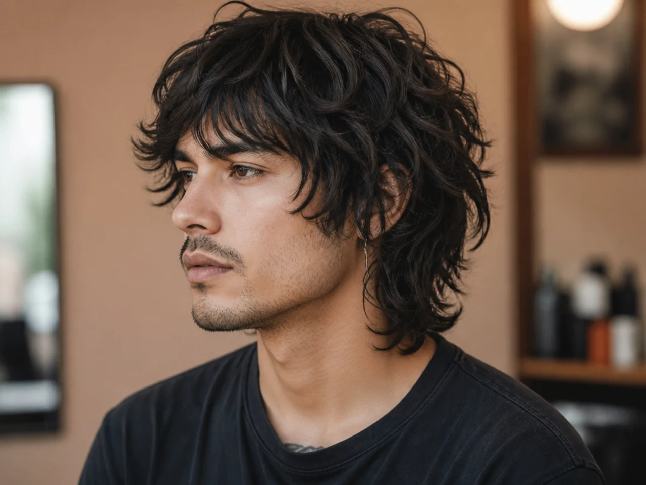 '90s grunge shaggy wolf cut with center part, curtain fringe over the eyes, and shoulder-length shag layers