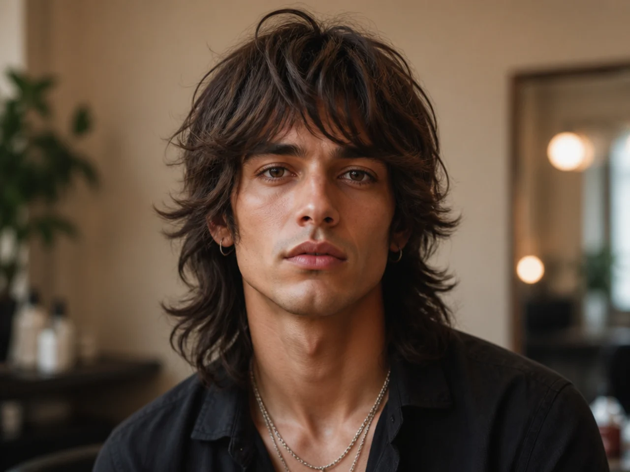 '70s rocker shaggy wolf cut with heavy crown volume, feathered layers, and shaggy nape brushing the shoulders