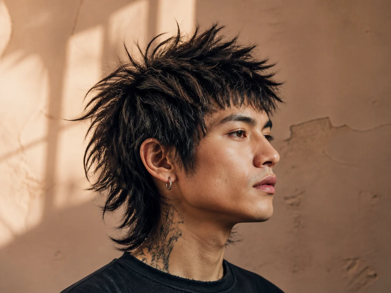 Punk spiky shaggy wolf cut with lifted spiky crown pieces and shaggy back length