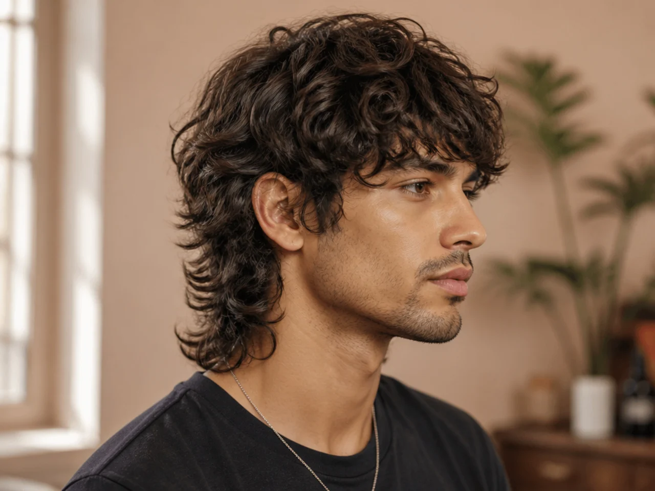 Curly shaggy wolf cut on a man with type 3 curls in a shaggy layered stack
