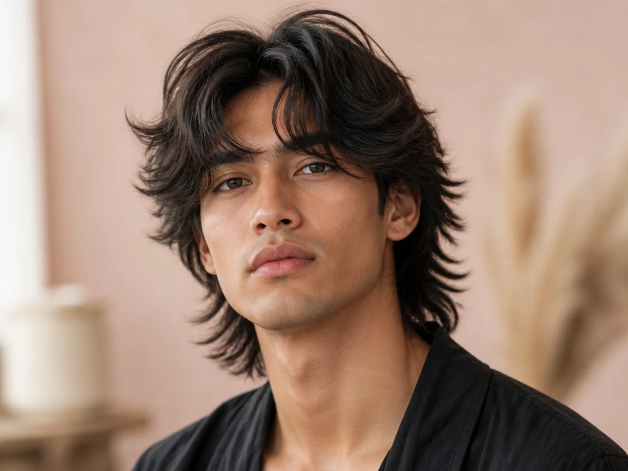 Shaggy wolf cut with curtain fringe parted at center and curling out at the temples