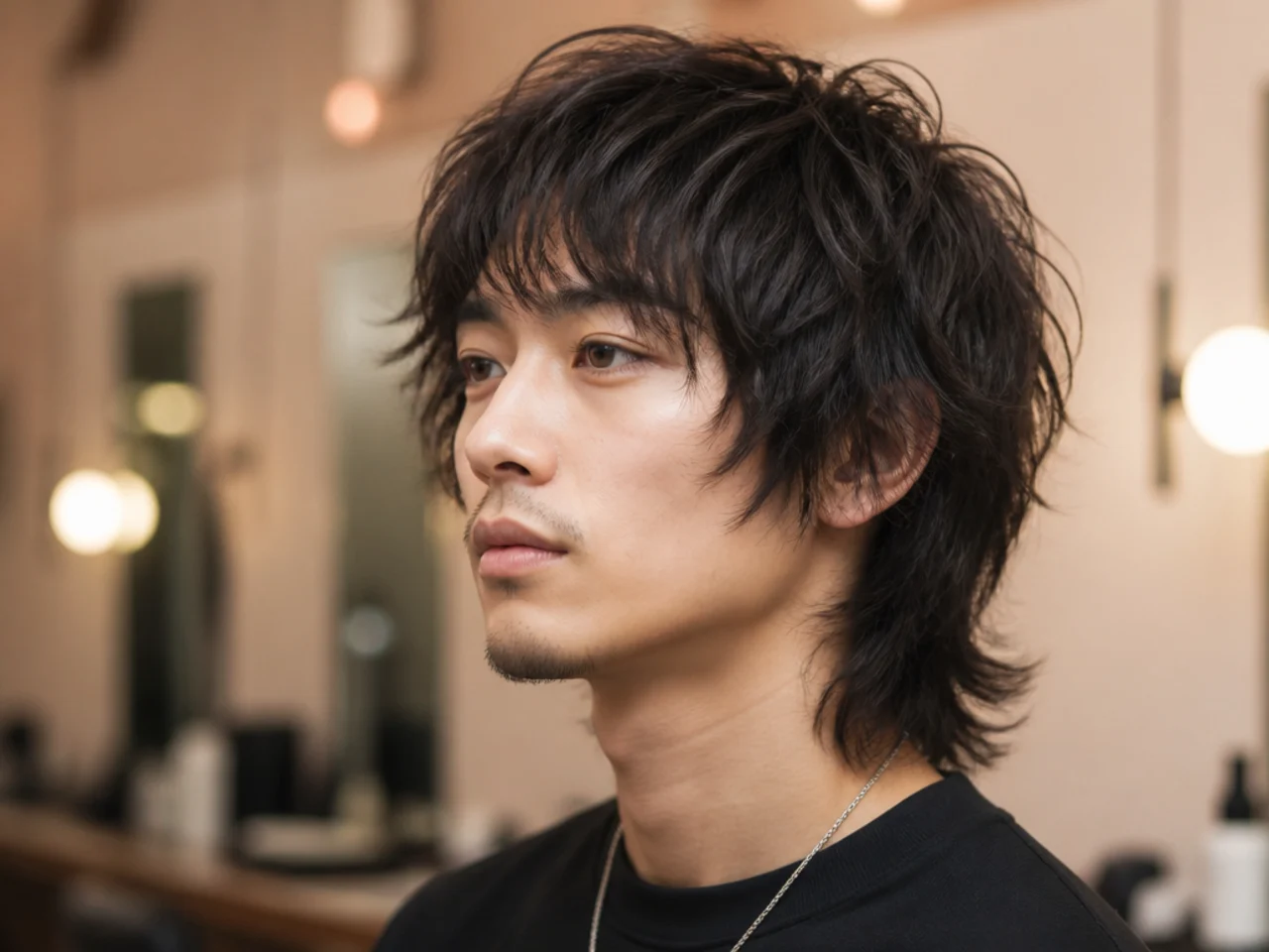 Shaggy wolf cut with piecey textured fringe falling forward over the brow