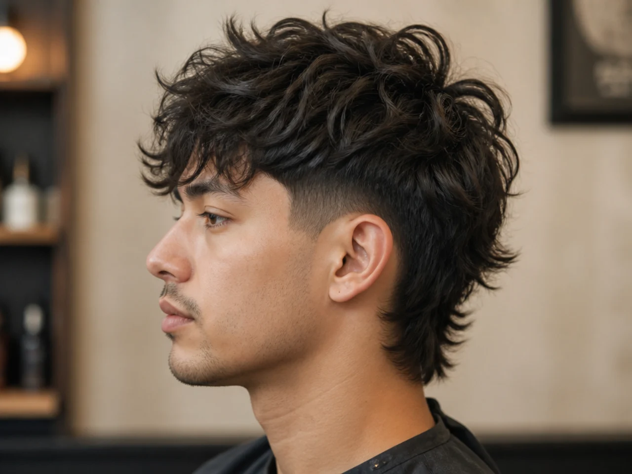 Shaggy wolf cut with low taper fade sitting tight to the ear beneath shaggy mid-lengths