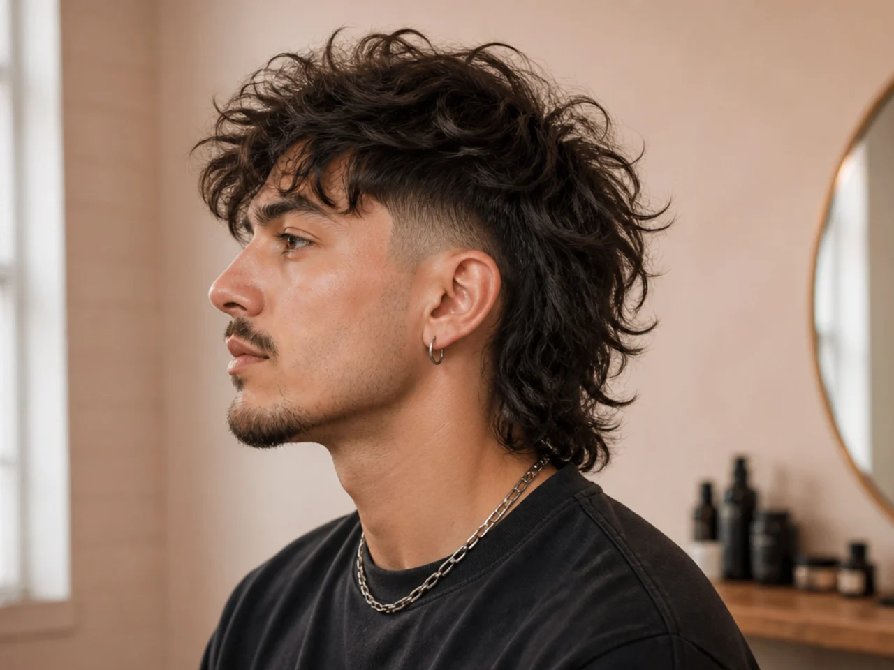 Shaggy wolf cut with burst fade arcing around the ear and shaggy top mass