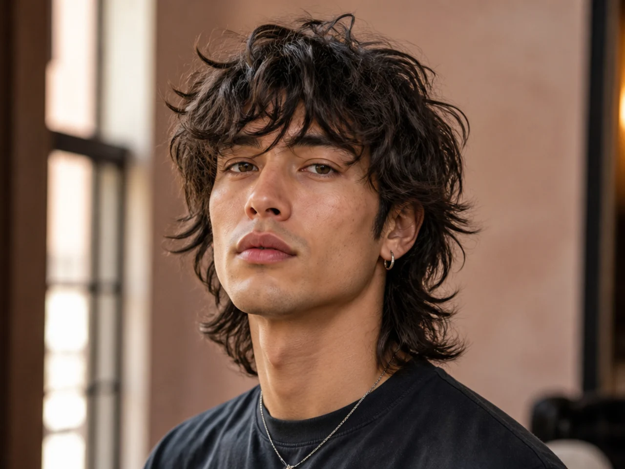 Messy shaggy wolf cut with deliberately tousled crown and rough face-framing sections