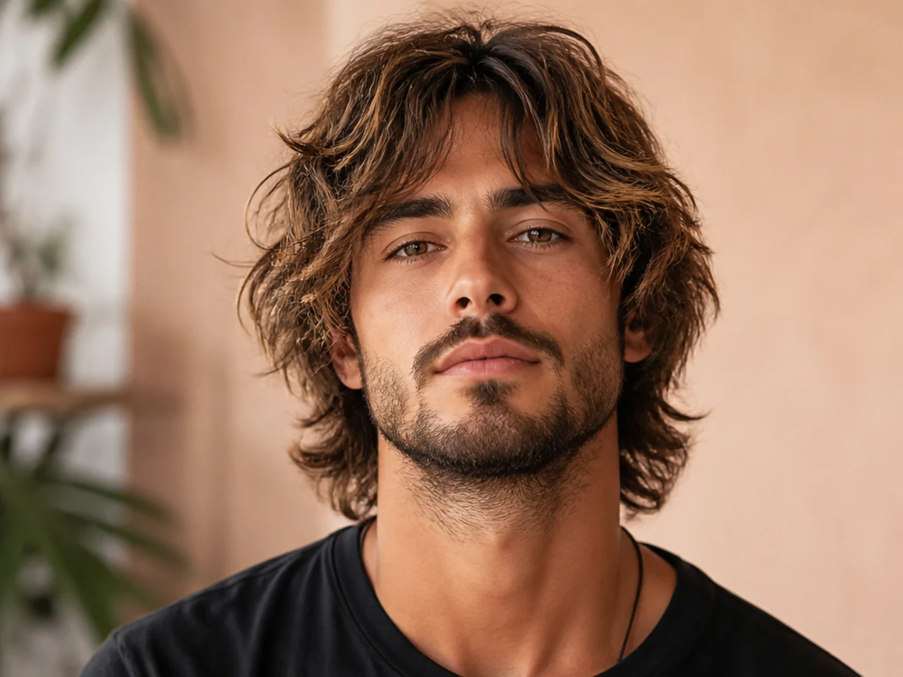 Surfer shaggy wolf cut with sun-bleached waves, feathered mid-lengths, and beachy piecey texture