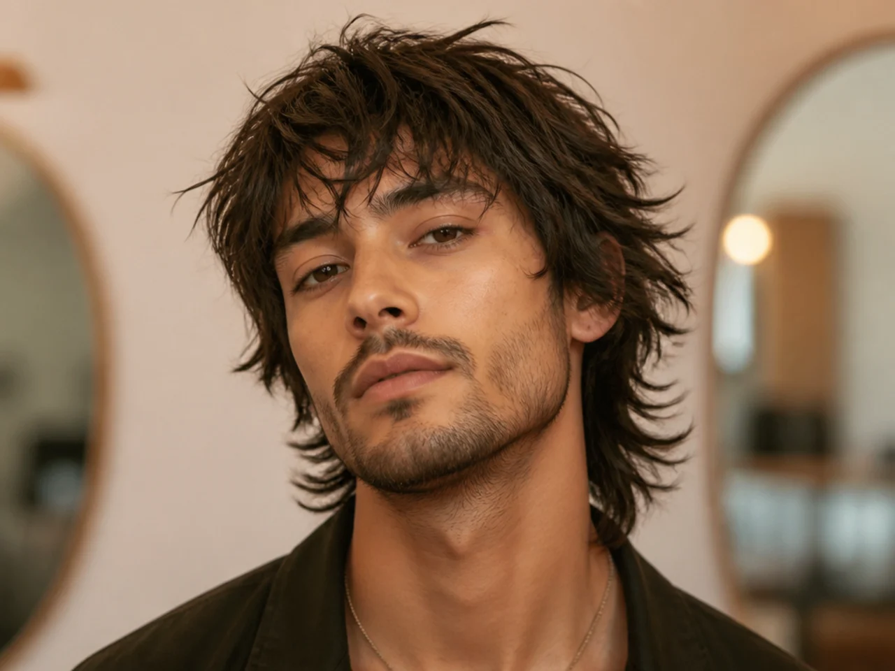 Bedhead shaggy wolf cut with soft rumpled crown and just-woke-up texture through the layers