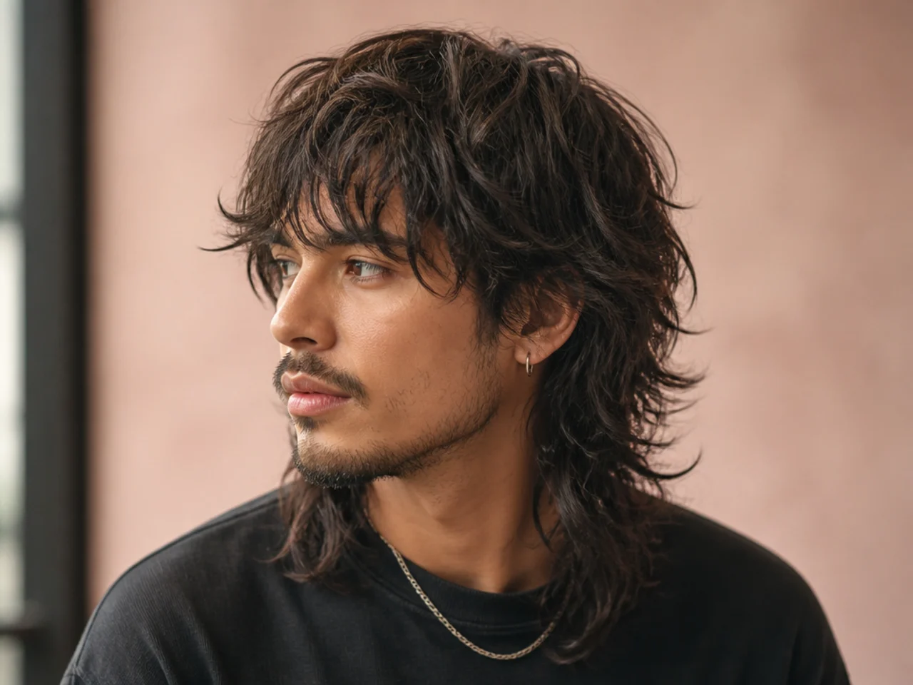 Long shaggy wolf cut with six-inch crown layers and shoulder-brushing shag nape