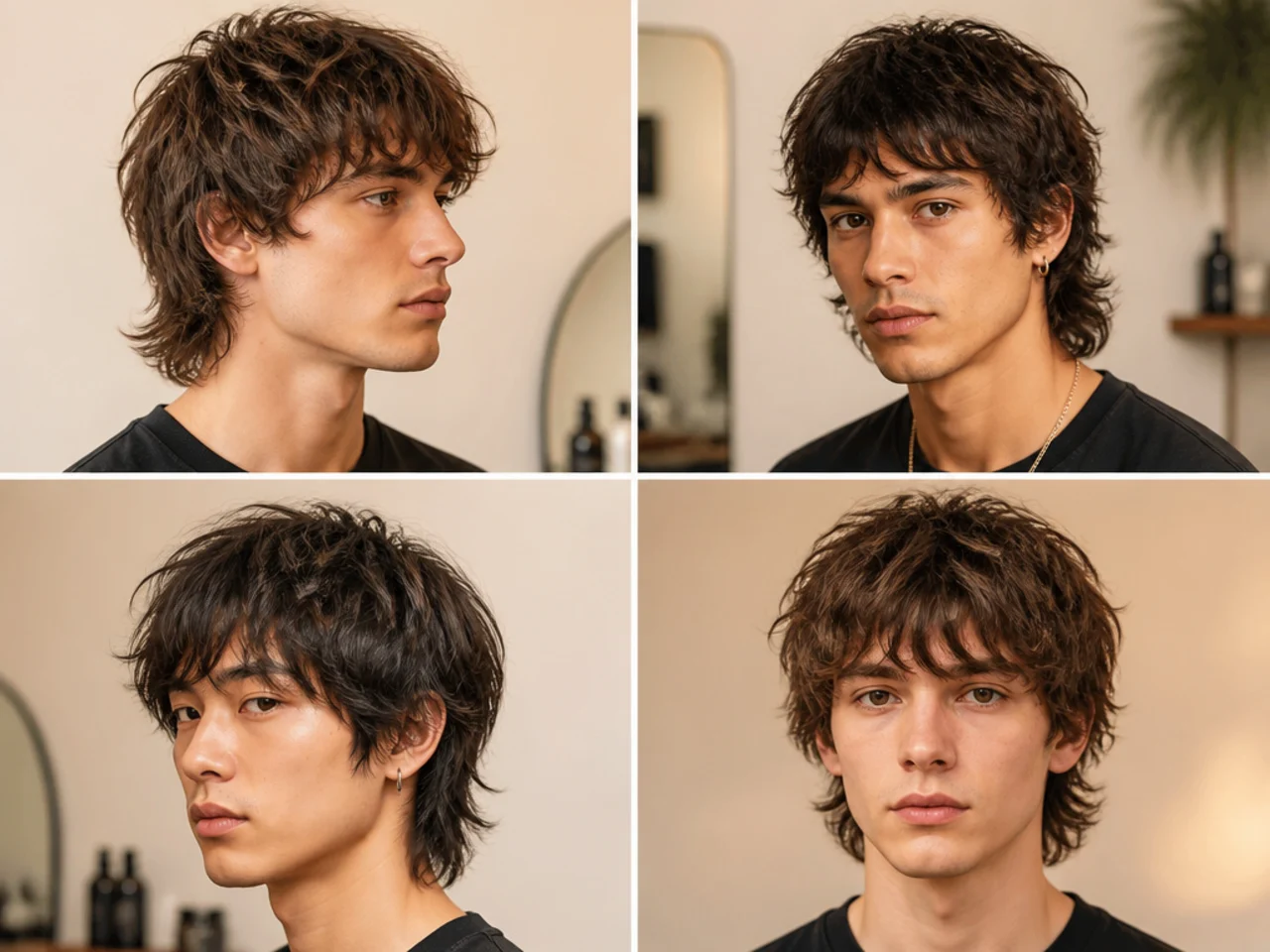 Short shaggy wolf cut with two-inch crown, piecey texture, and short nape touching the ear