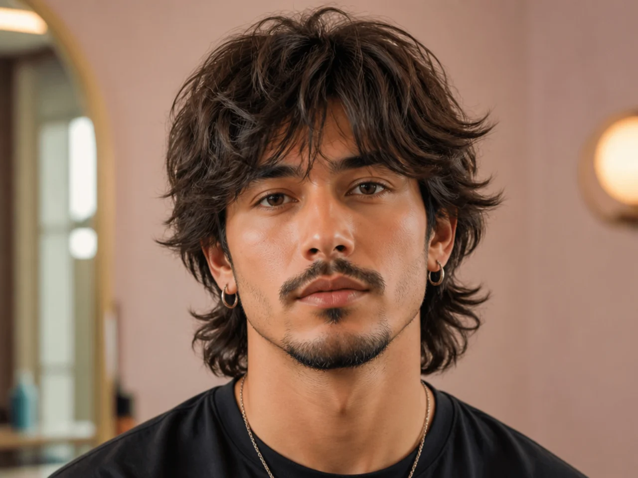 Medium-length shaggy wolf cut with four-inch crown and mid-length shag layers ending at the ear