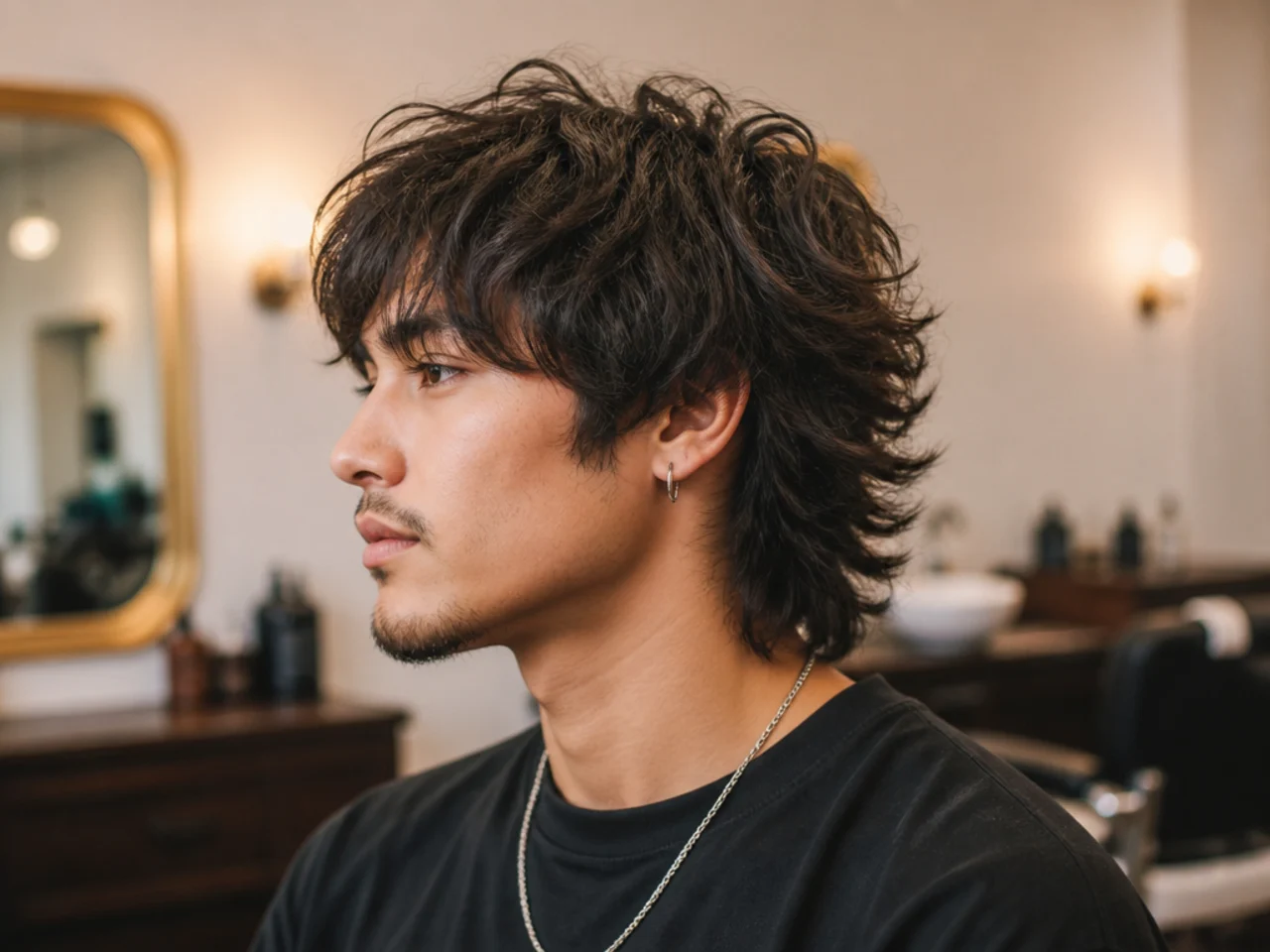 Barber and client discussing shaggy wolf cut reference photos in a modern barbershop