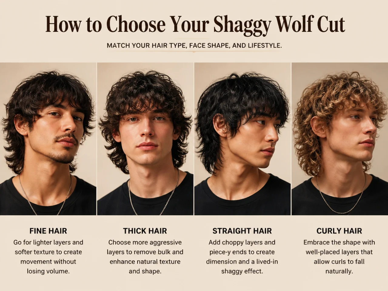 Three young men shown side by side wearing short, medium, and long shaggy wolf cut lengths