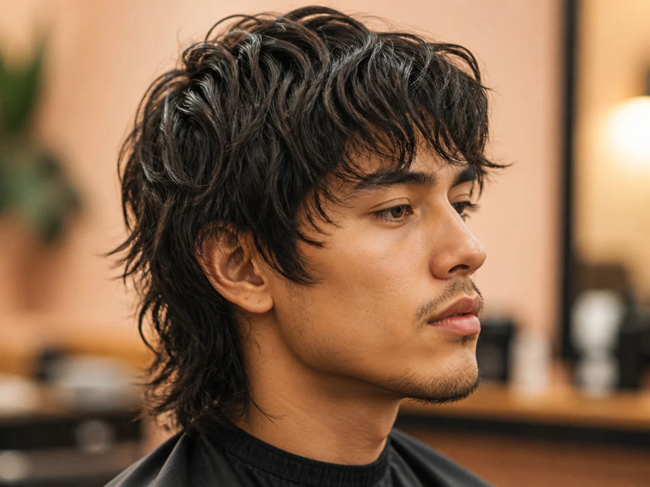 Styling products for a shaggy wolf cut laid out — sea-salt spray, matte clay, matte paste, wide-tooth comb
