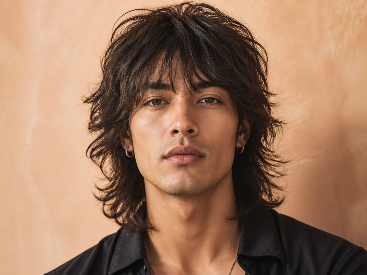 Side-profile of a shaggy wolf cut showing choppy crown, piecey face-framing at the cheek, and feathered wispy nape