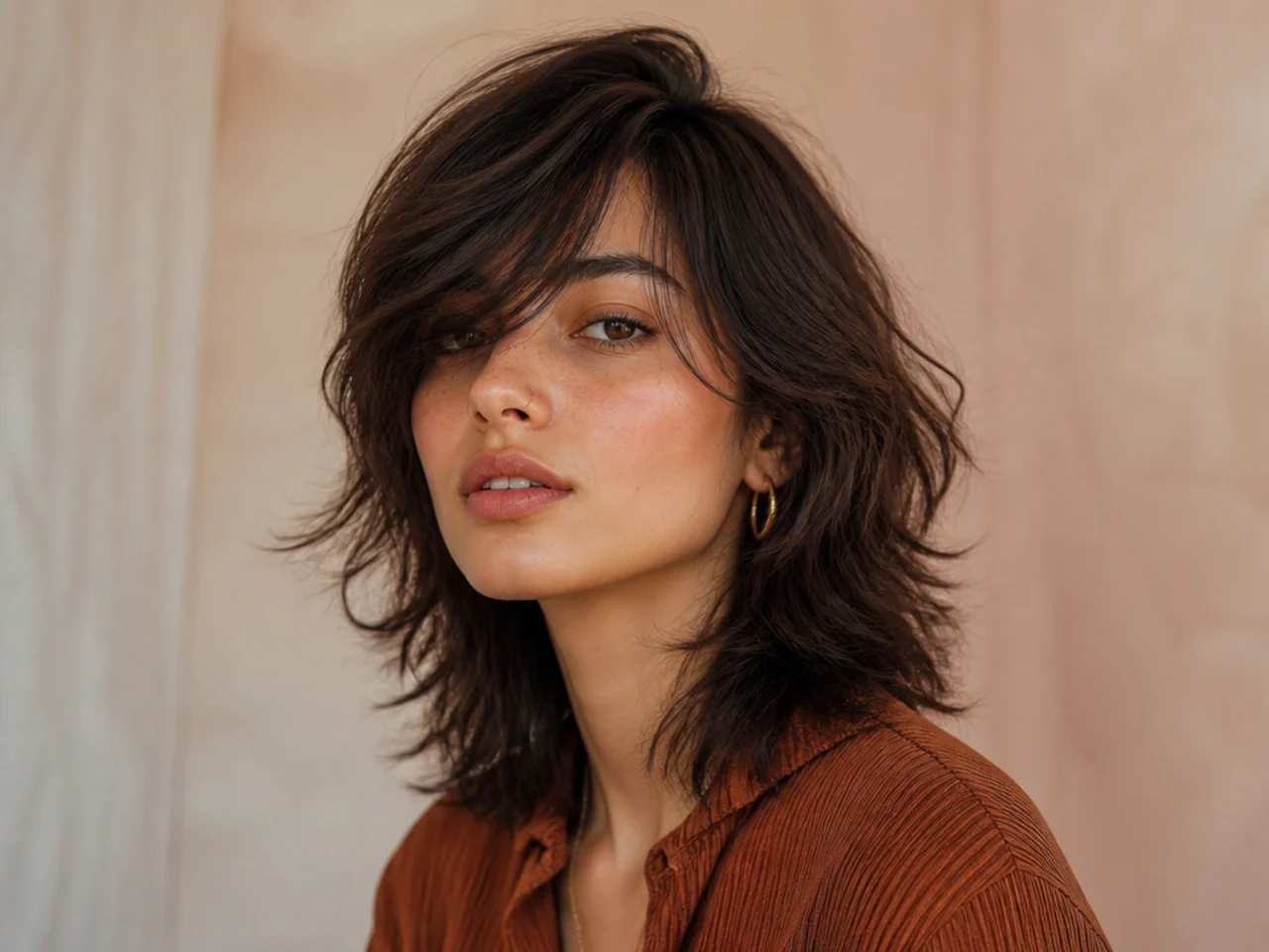 Shaggy wolf cut with a deep side parting