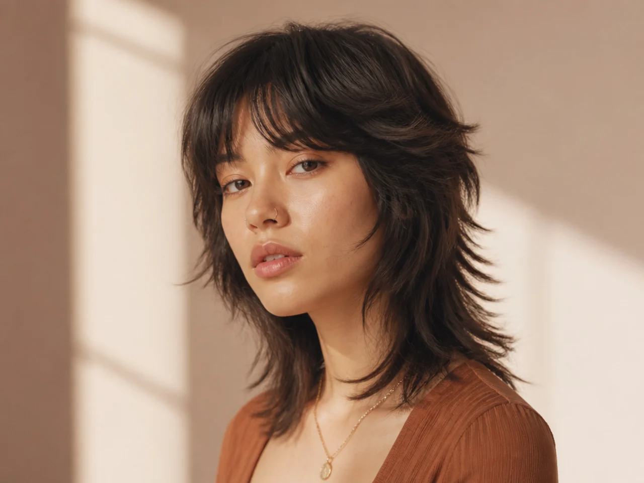 Three-quarter view of a finished shaggy wolf cut