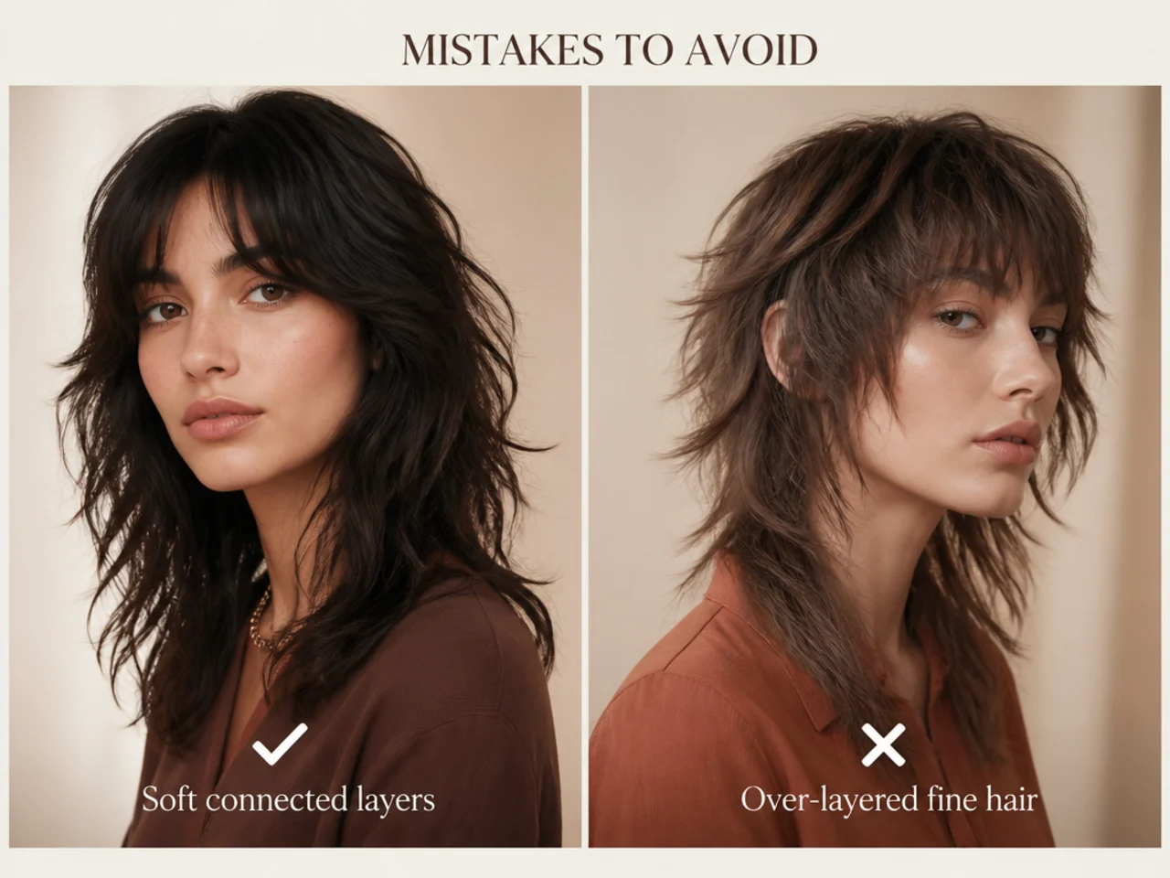Soft connected layers beside over-layered fine hair