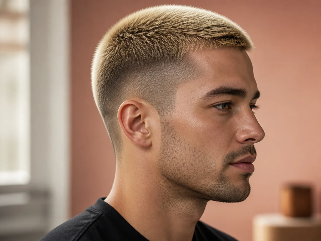 Modern crew cut with a dark root shadow blending into ash blonde tips and a low taper on the sides