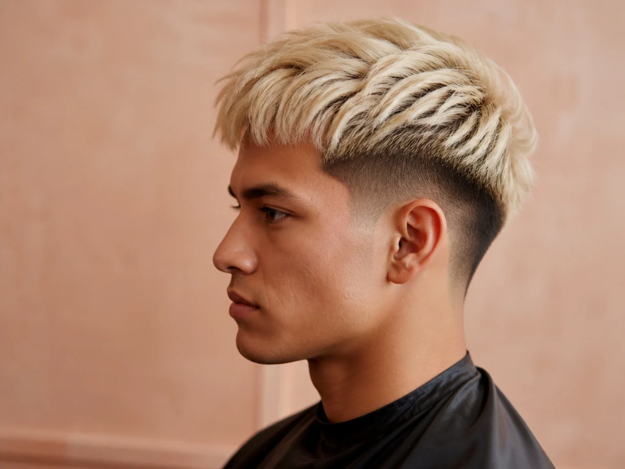 Bleached blonde Korean two-block haircut with layered top and hidden undercut sides