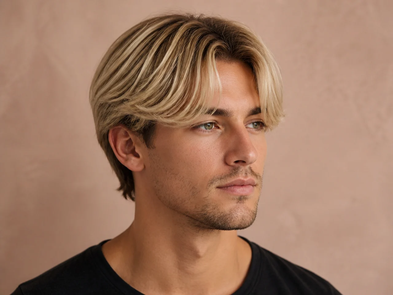 Champagne blonde short curtain fringe hairstyle with a soft middle part and low taper