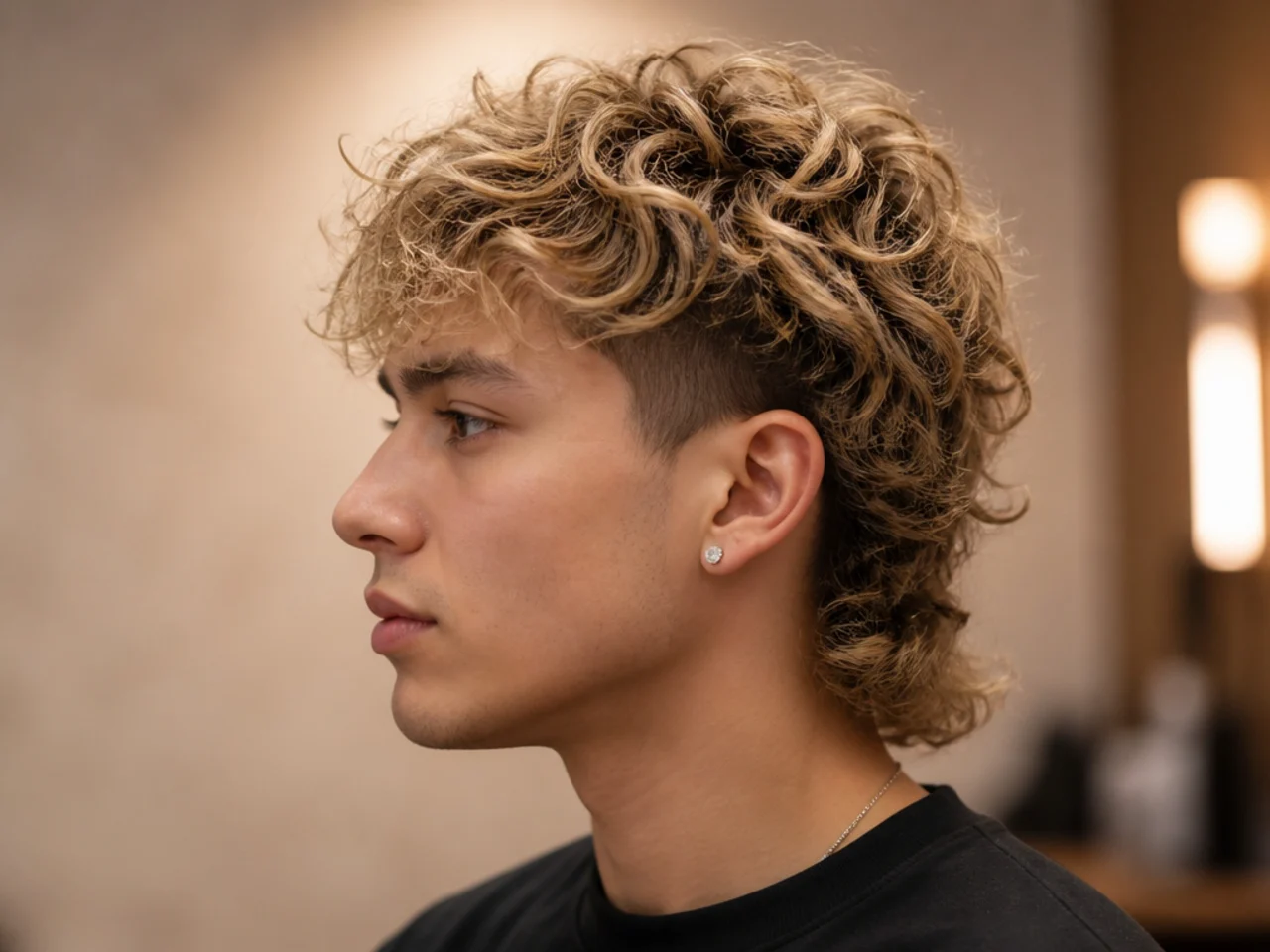 Peso Pluma inspired short blonde perm with loose golden curls on top and a low taper fade