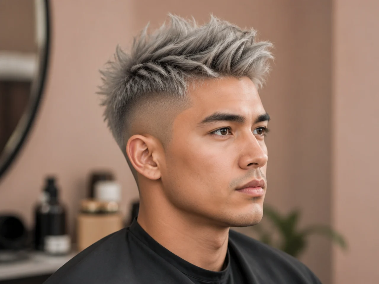 Silver blonde short faux hawk haircut with skin-faded sides and central lift