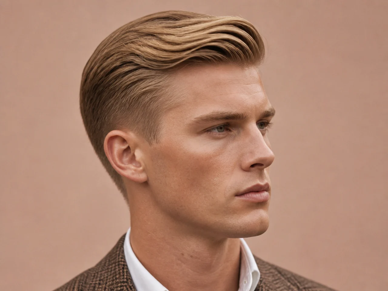 Old money style blonde comb over with a razored side part and low fade on the sides