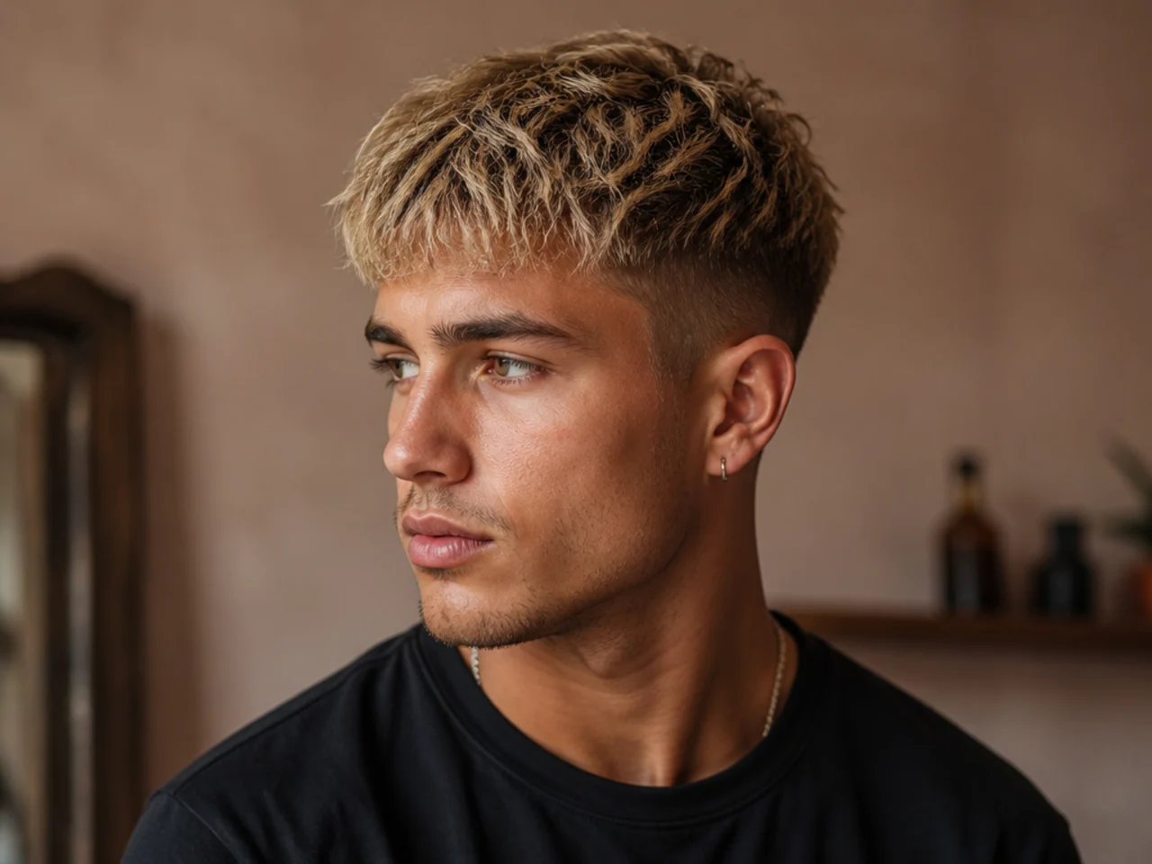 Sandy blonde surfer crop haircut on wavy hair with a soft low taper at the sides