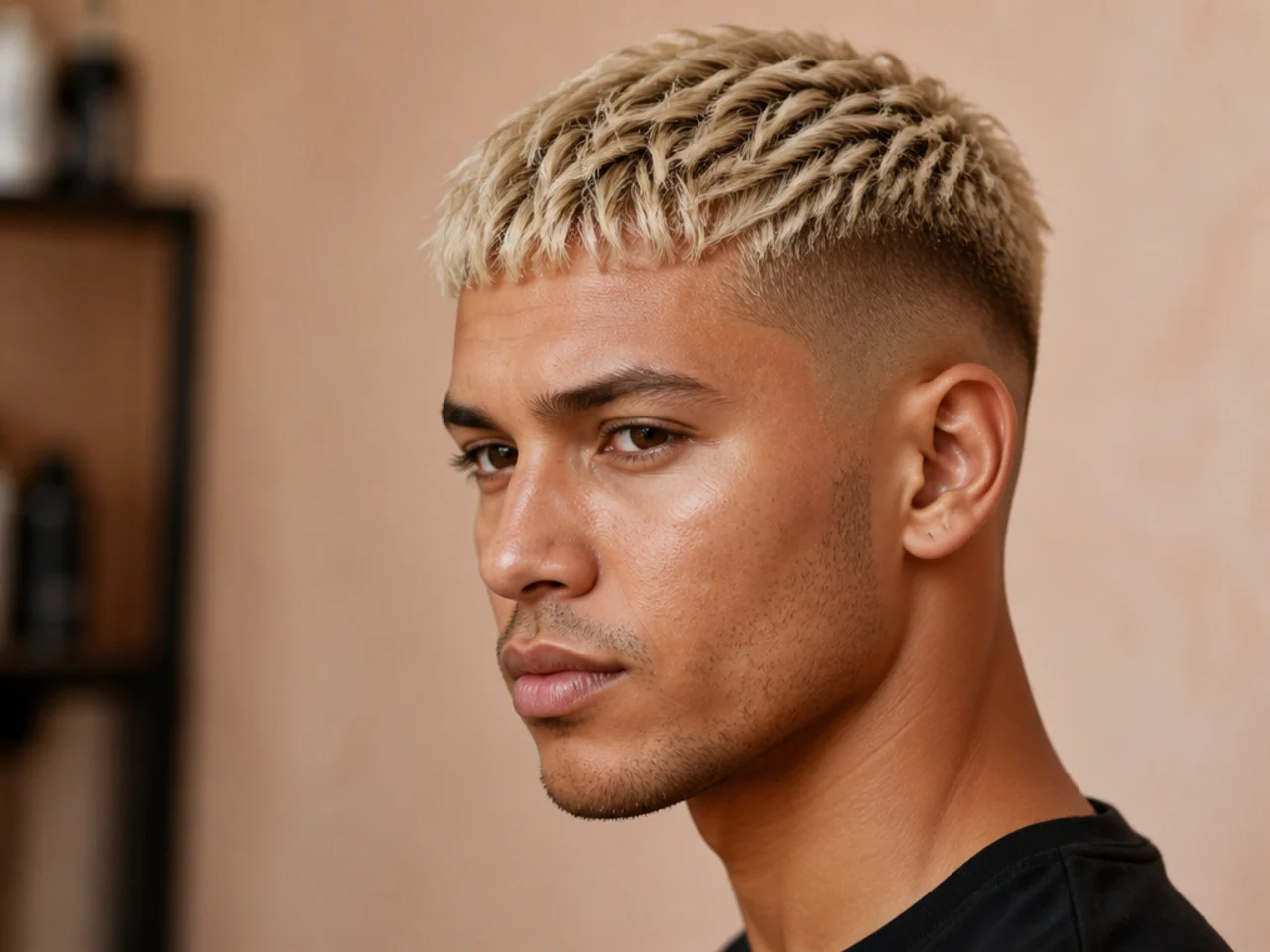 Bleached blonde textured French crop with a forward-swept point-cut fringe and mid fade