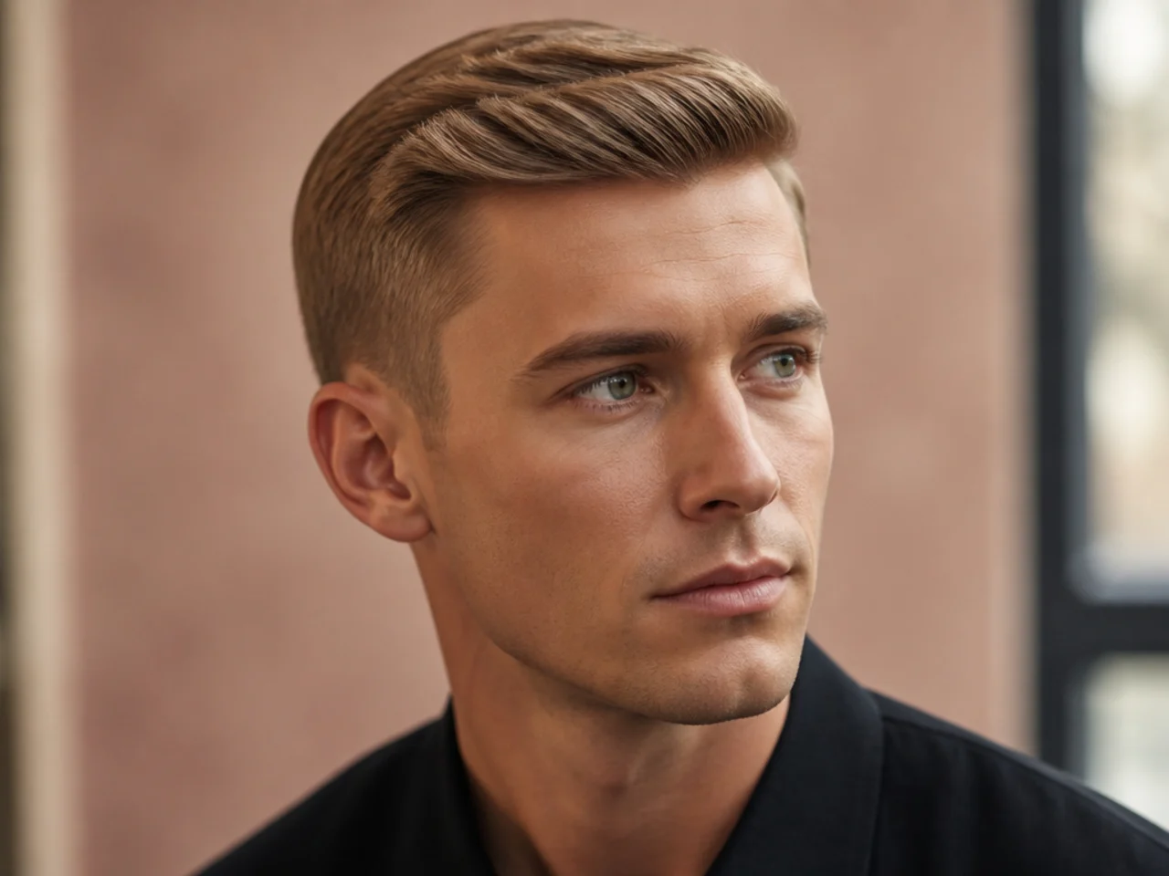 Honey blonde Ivy League haircut with a defined side part and scissor-blended sides on warm-toned skin