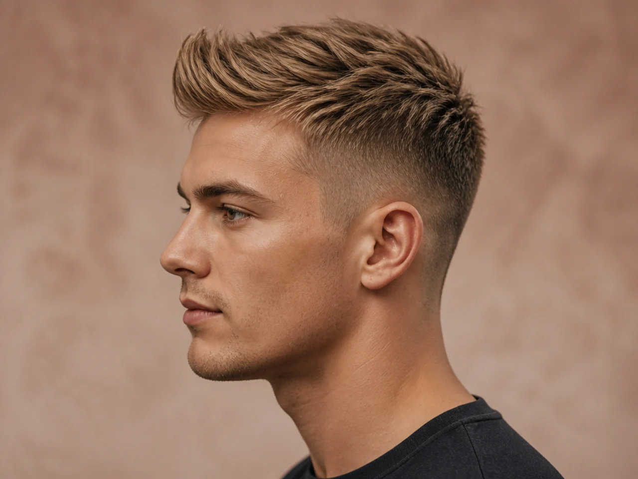 Dirty blonde mini quiff hairstyle with root shadow and a low fade on the sides