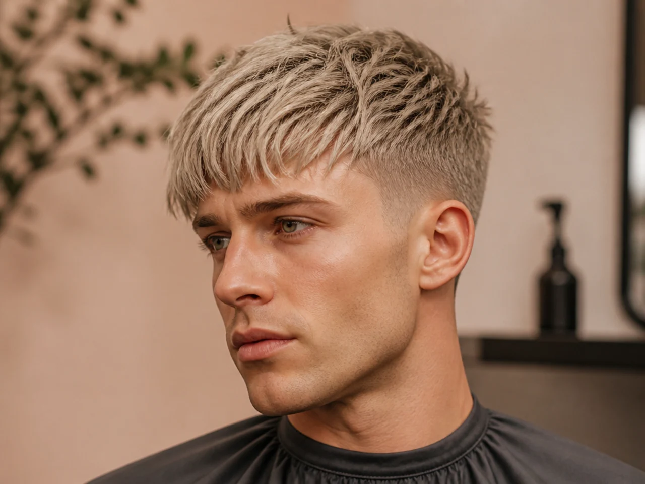 Ash blonde textured fringe men's haircut with a mid fade and cool undertones